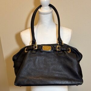 Michael Kors Black Leather Tote with Gold-Tone Accents